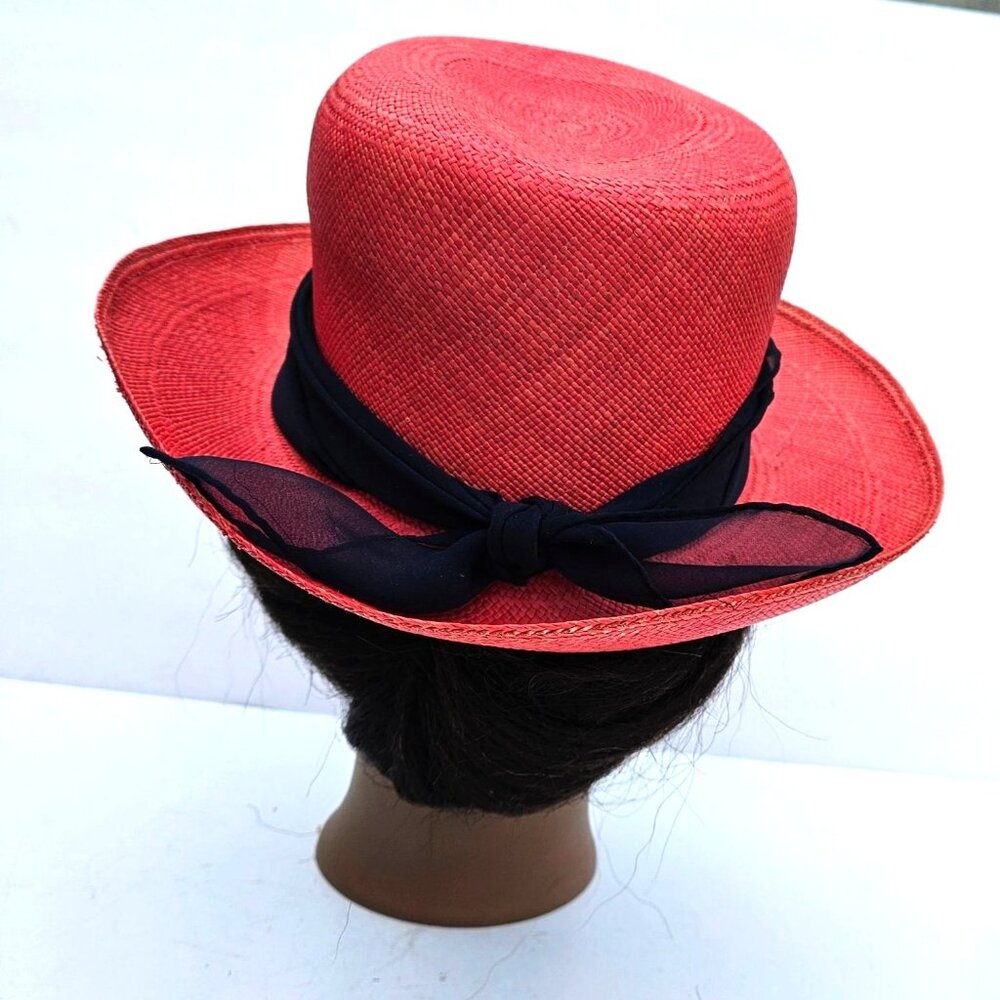Vintage Red Straw Hat by Saks Fifth Avenue Union Label USA 22.5" Medium - Picture 13 of 16